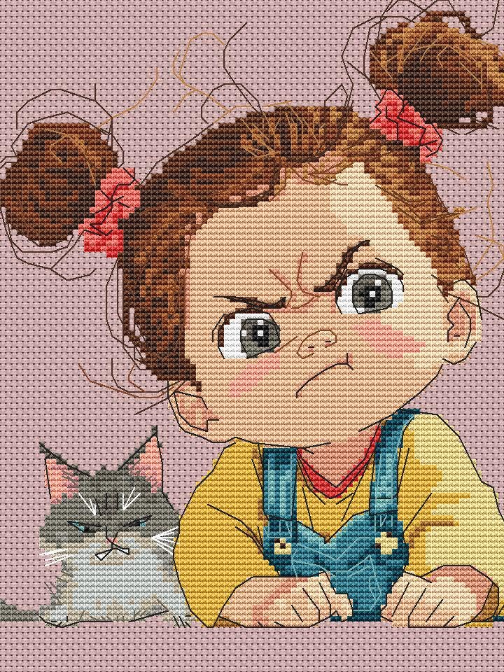 Baby Girl and Cat Cross Stitch Pattern Digital PDF, XSD Chart Art Design
