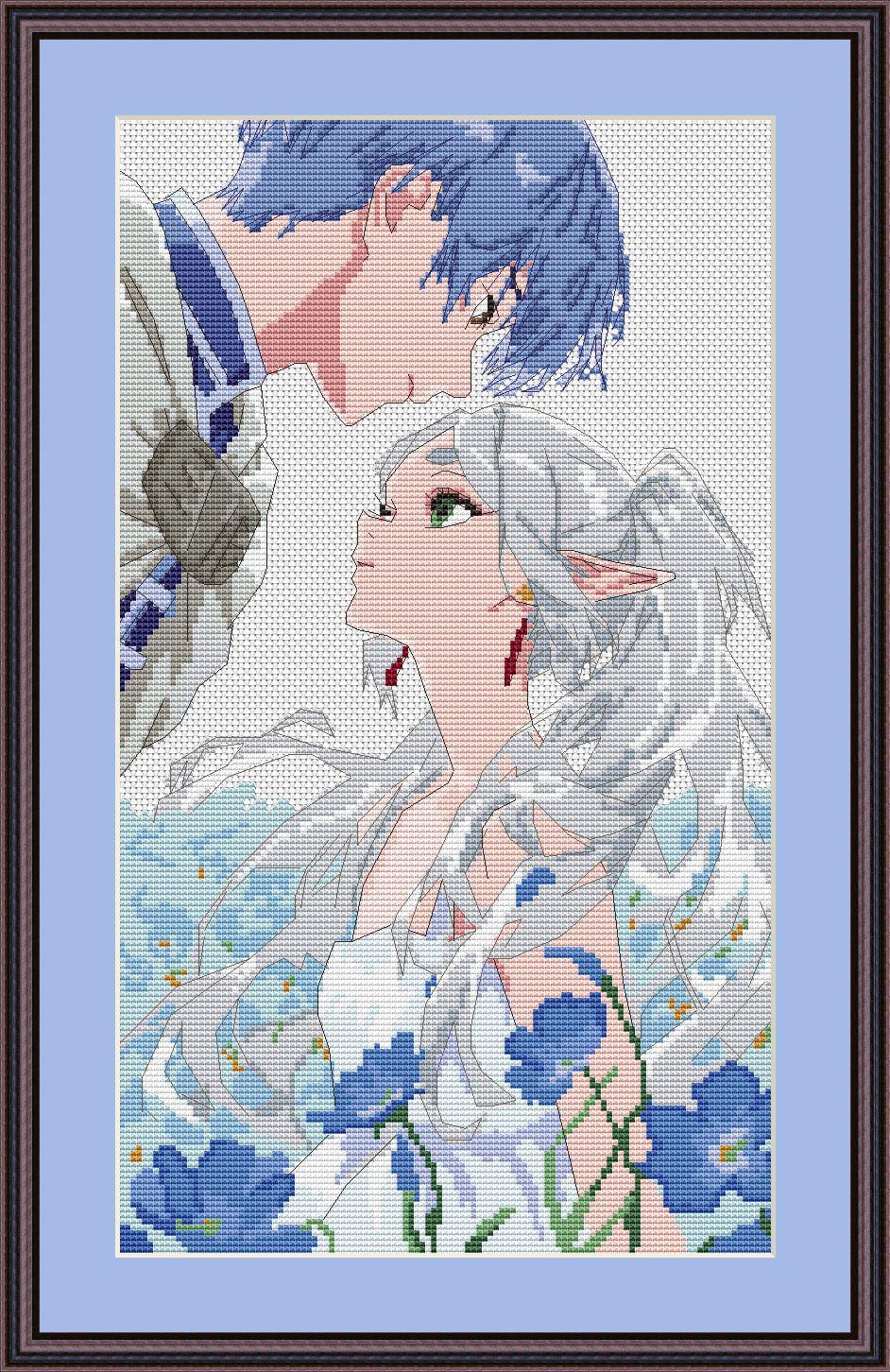 Anime Couple Cross Stitch Pattern Digital PDF, XSD Chart Manga Fan Art Design