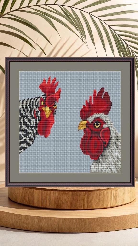 Cross Stitch Pattern Roosters Digital PDF, XSD Chart Art Design