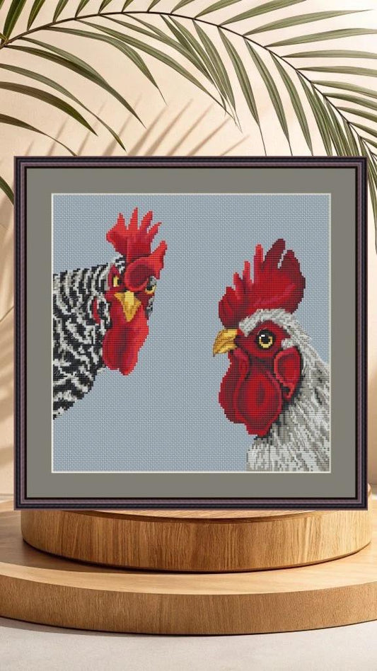 Cross Stitch Pattern Roosters Digital PDF, XSD Chart Art Design