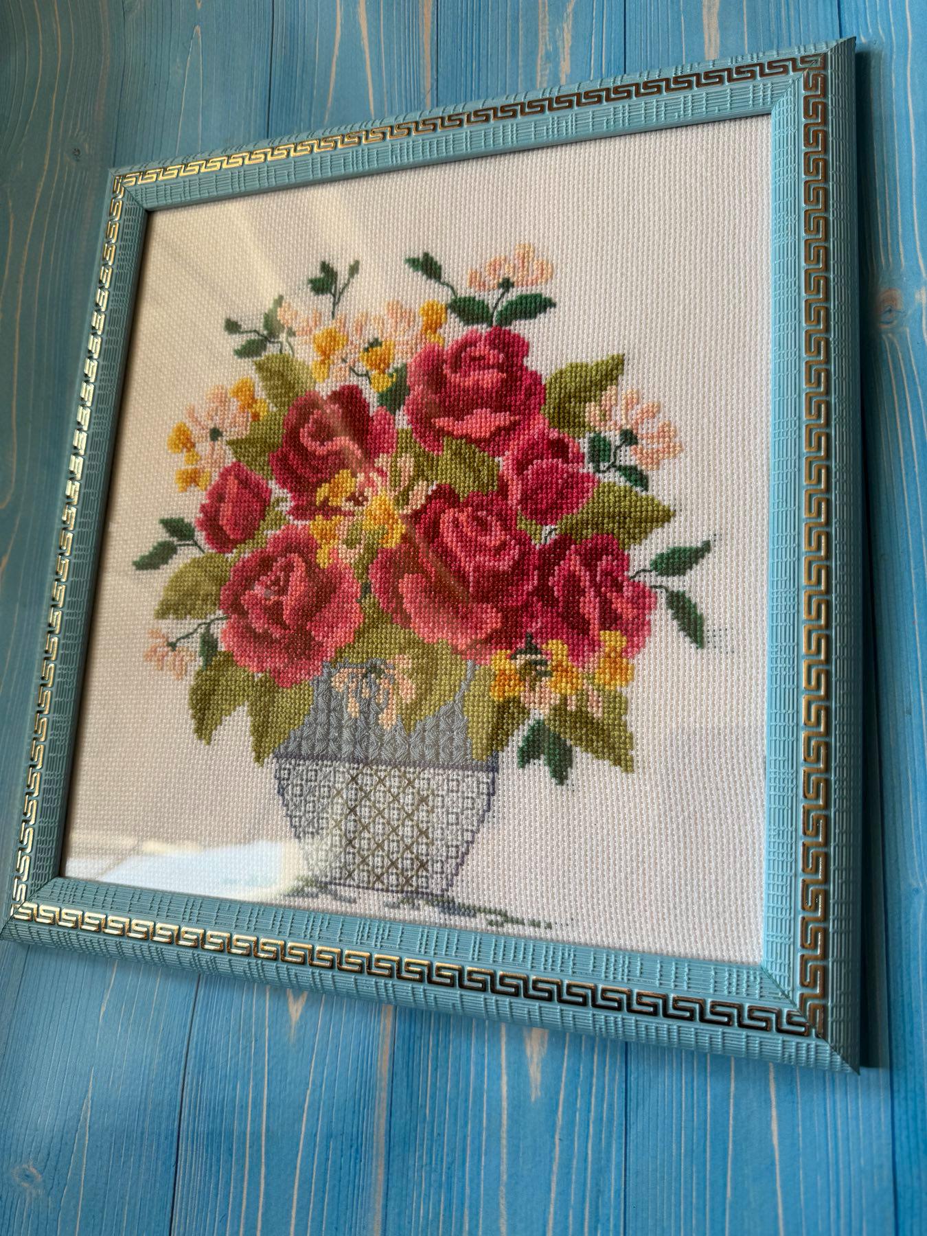 Vintage Hand Embroidered Rose Bouquet | Framed Floral Needlework Under Glass | Antique Style Wall Art