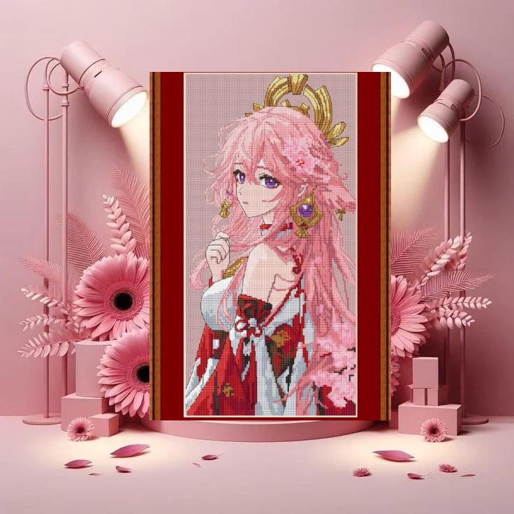Cross Stitch Pattern Inspired Game Yae Miko Digital PDF, XSD Chart Fan Art Design