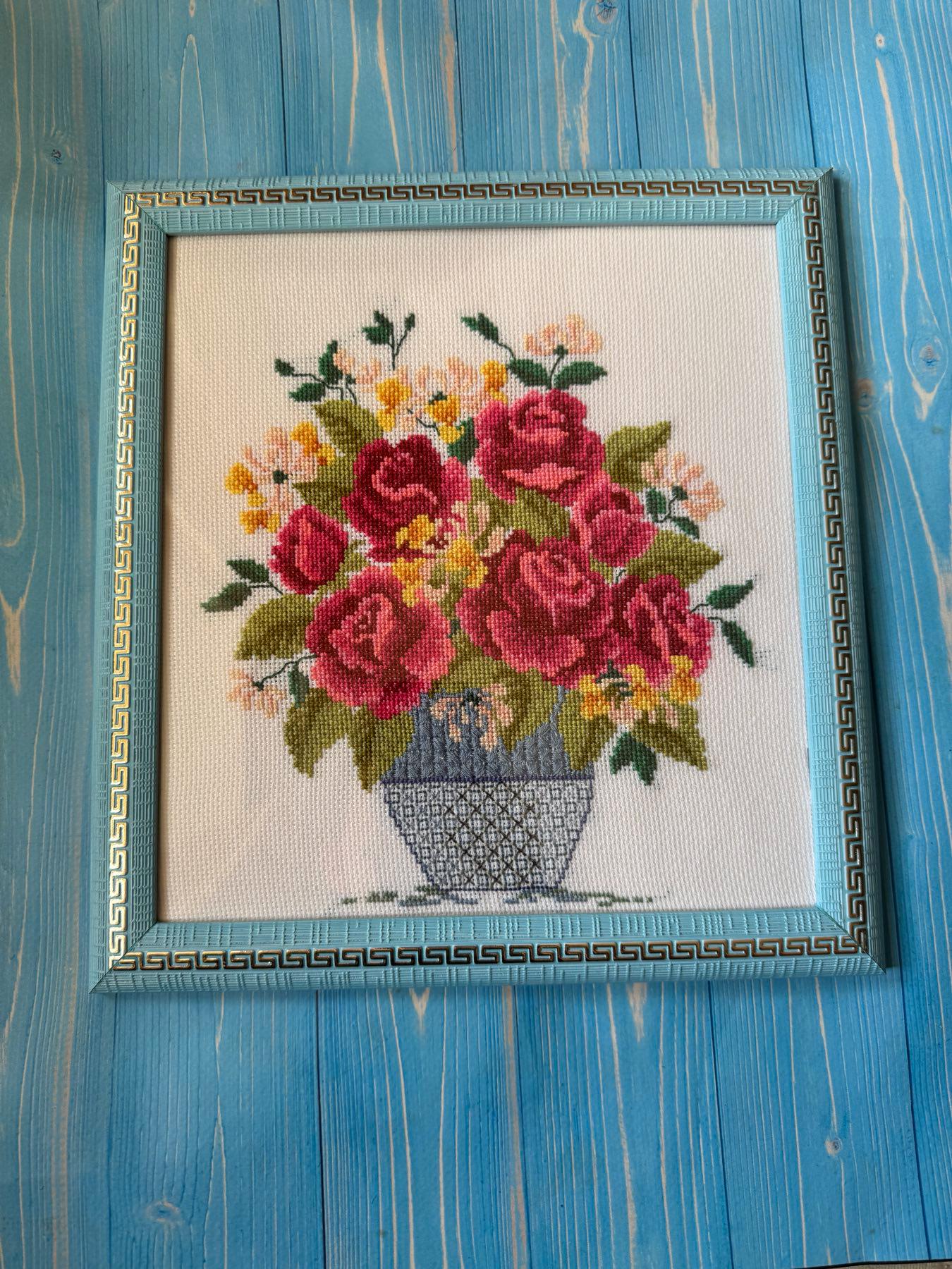 Vintage Hand Embroidered Rose Bouquet | Framed Floral Needlework Under Glass | Antique Style Wall Art
