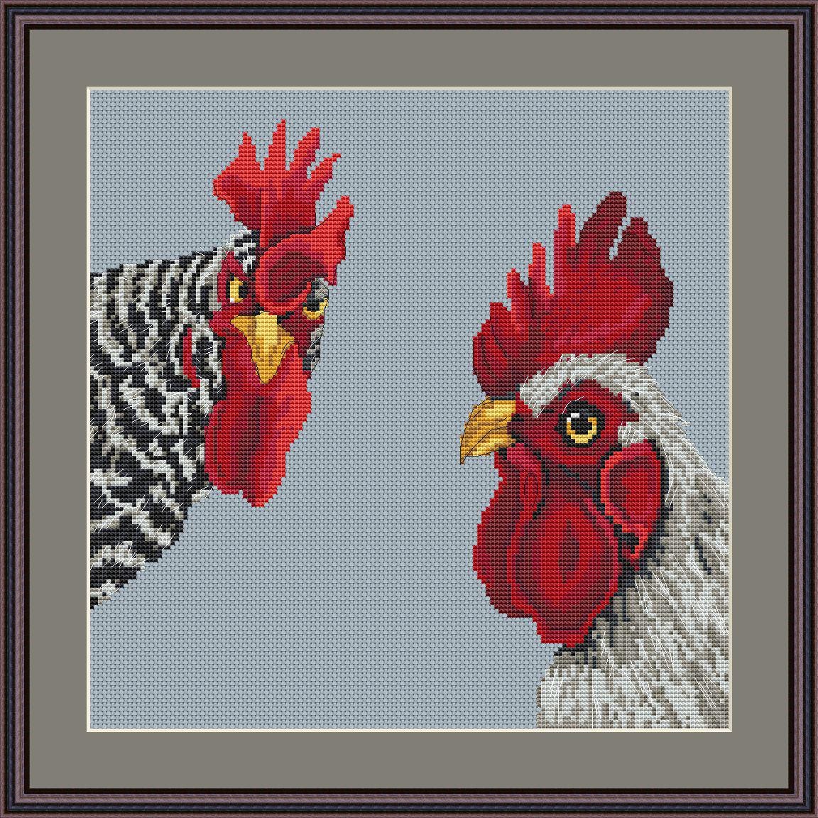 Cross Stitch Pattern Roosters Digital PDF, XSD Chart Art Design