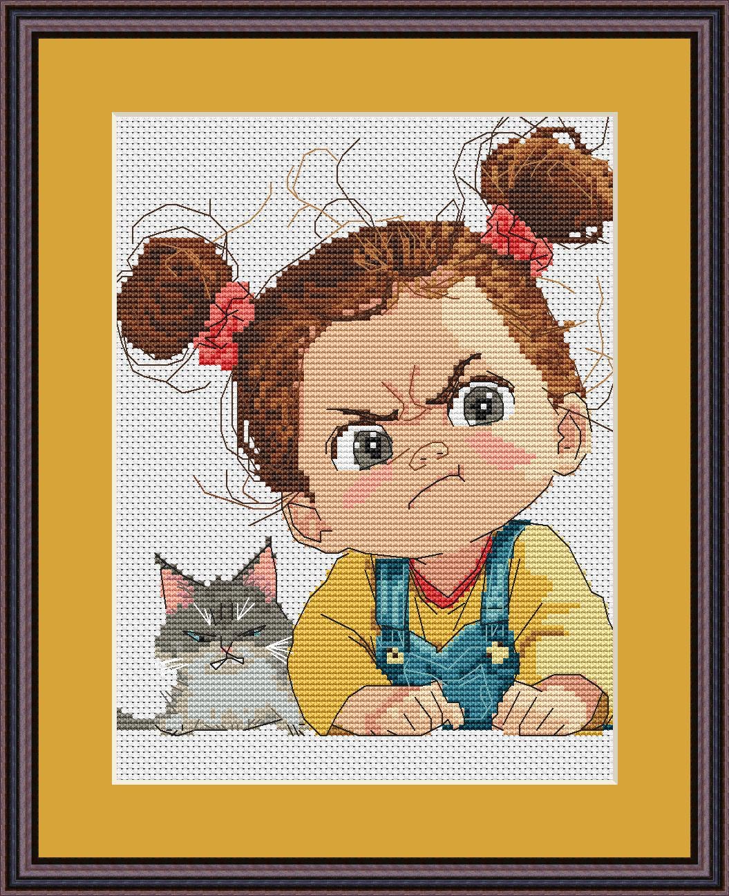 Baby Girl and Cat Cross Stitch Pattern Digital PDF, XSD Chart Art Design