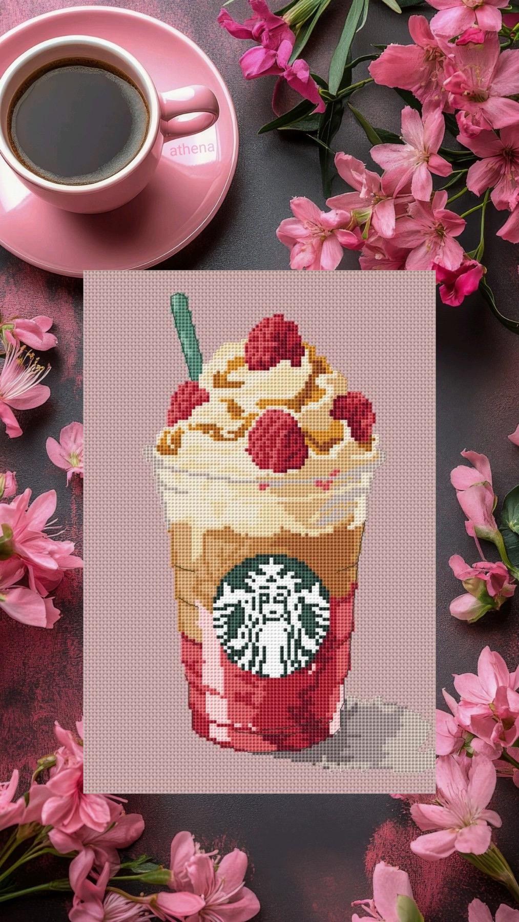 Cross Stitch Pattern Raspberry Coffee Frappe Digital PDF, XSD Chart Art Design