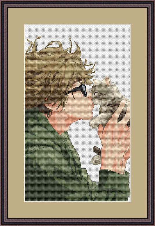 Patron de Point de Croix Homme et Chaton PDF Numérique, Grille XSD, Design Artistique