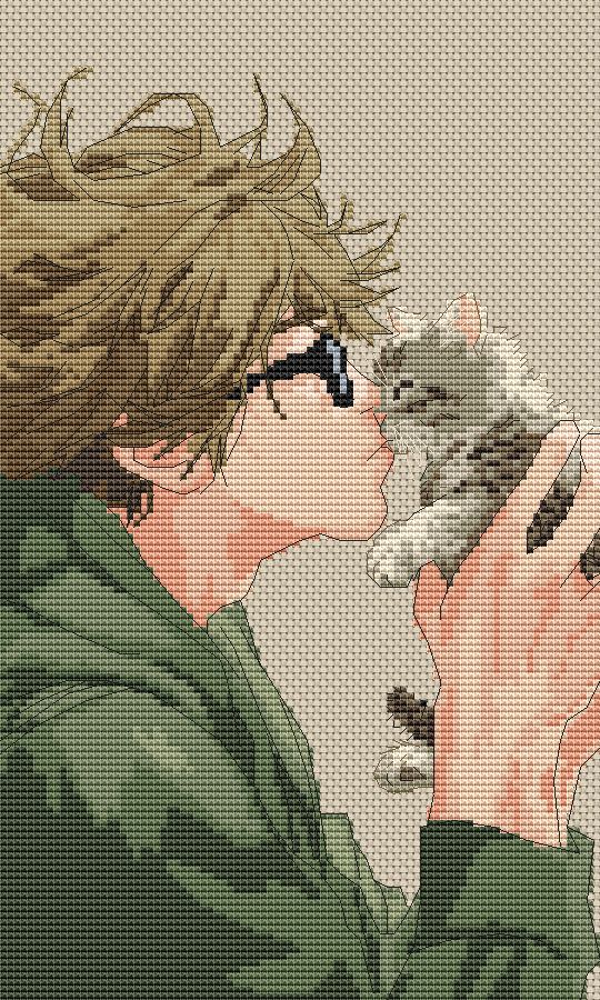 Patron de Point de Croix Homme et Chaton PDF Numérique, Grille XSD, Design Artistique